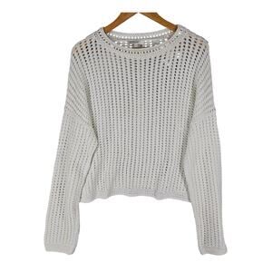 VINCE WOMEN’S WHITE CROCHET LONG SLEEVE CREW SWEATER – YARN FROM ITALY – SIZE XL